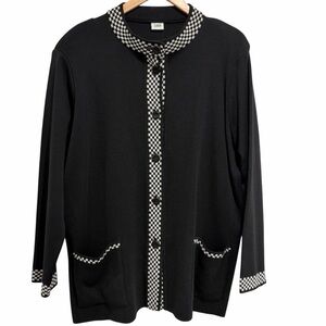 Lucia Black and White Classic Checkered Wool Cardigan Pockets Button Long Sleeve